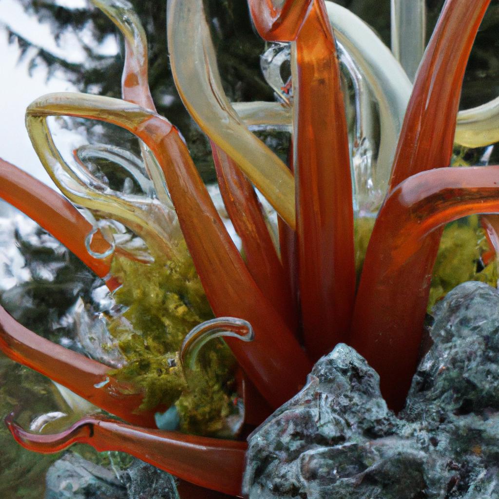 A close-up of a unique glass plant in The Glass Garden Seattle