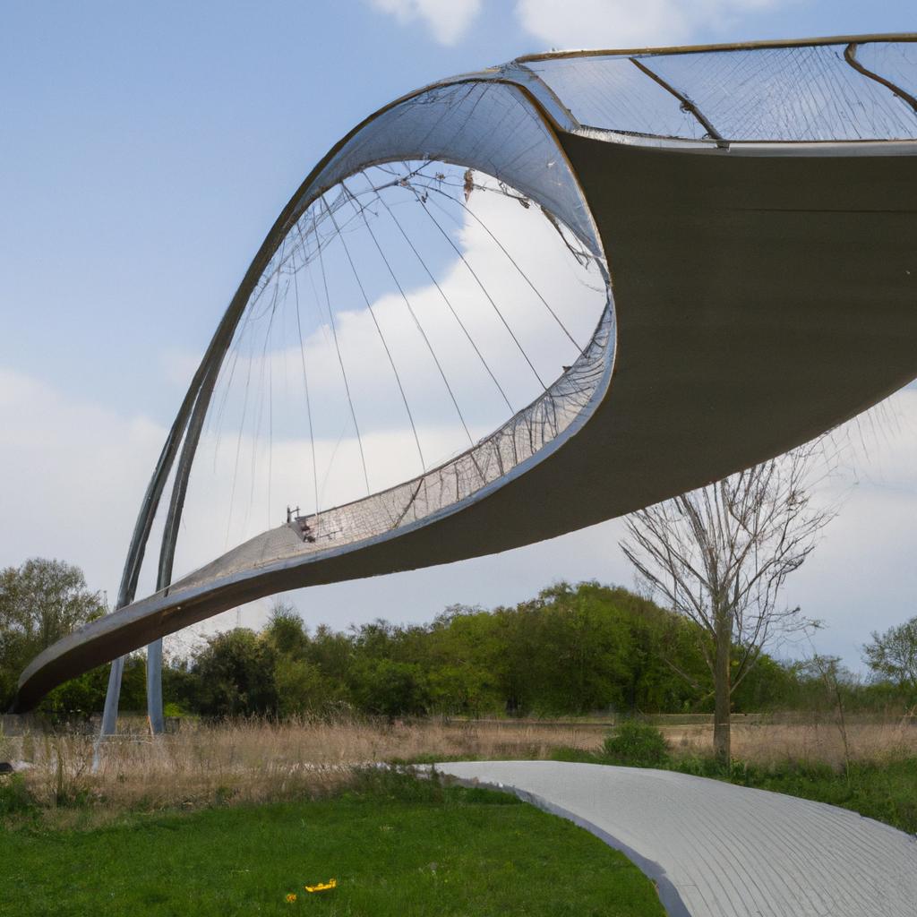 The suspended pedestrian bridge in the park provides a unique experience for visitors as they walk across the harp-shaped structure
