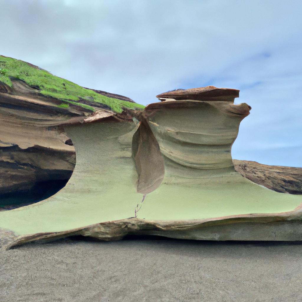 The striking rock formation near [location]'s green sand beach.