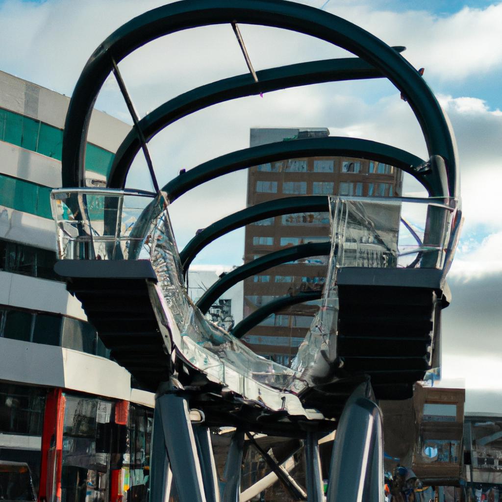 The spiral suspended pedestrian bridge not only provides safe access for pedestrians but also adds an artistic touch to the city