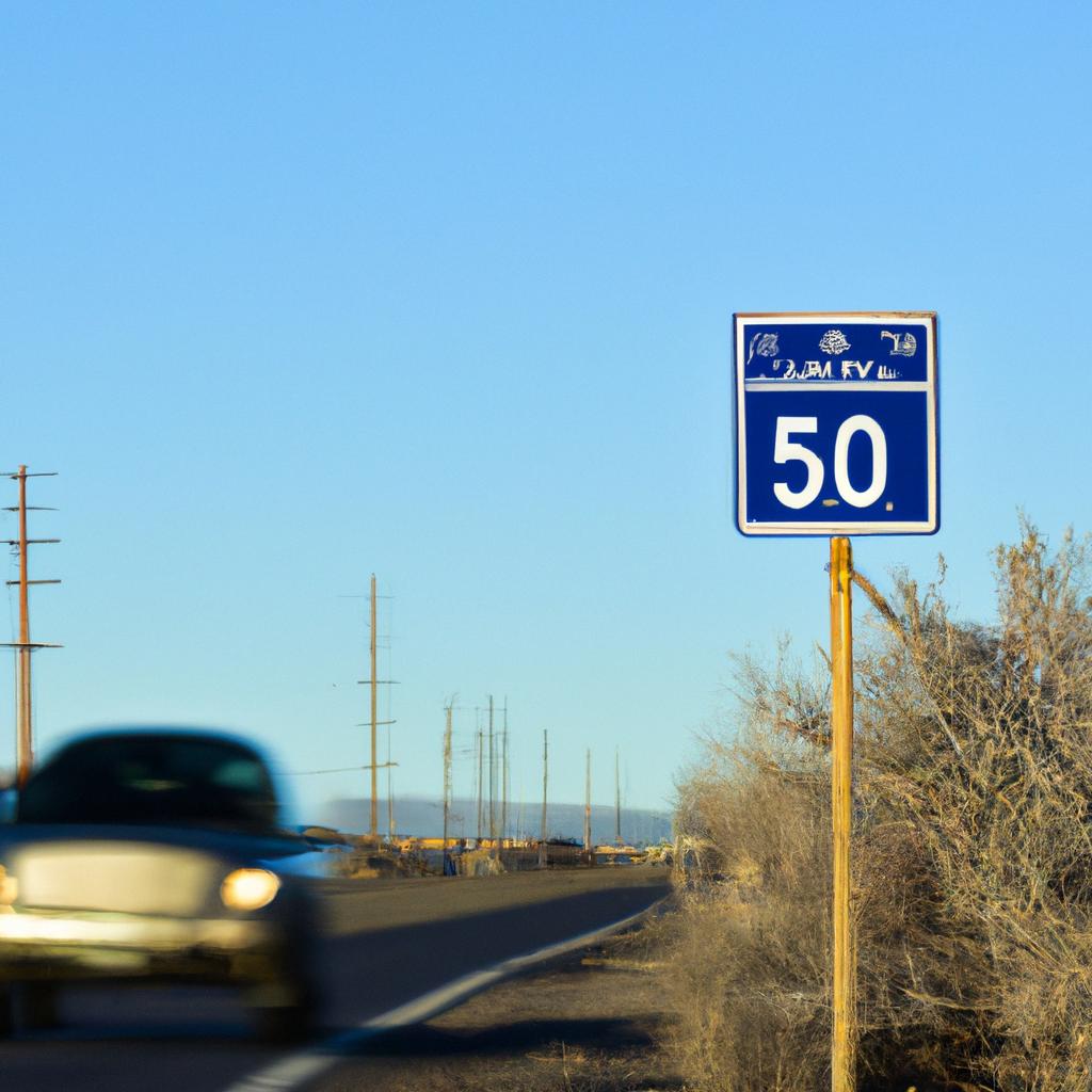 US Route 50 sign with car driving on road