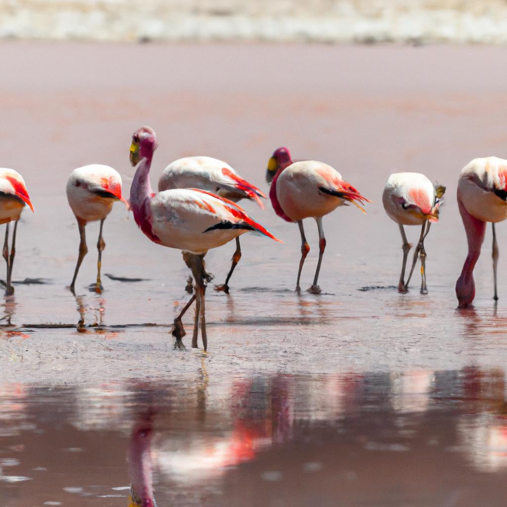 The vibrant pink flamingos contrast with the red lagoons of the Uyuni desert.