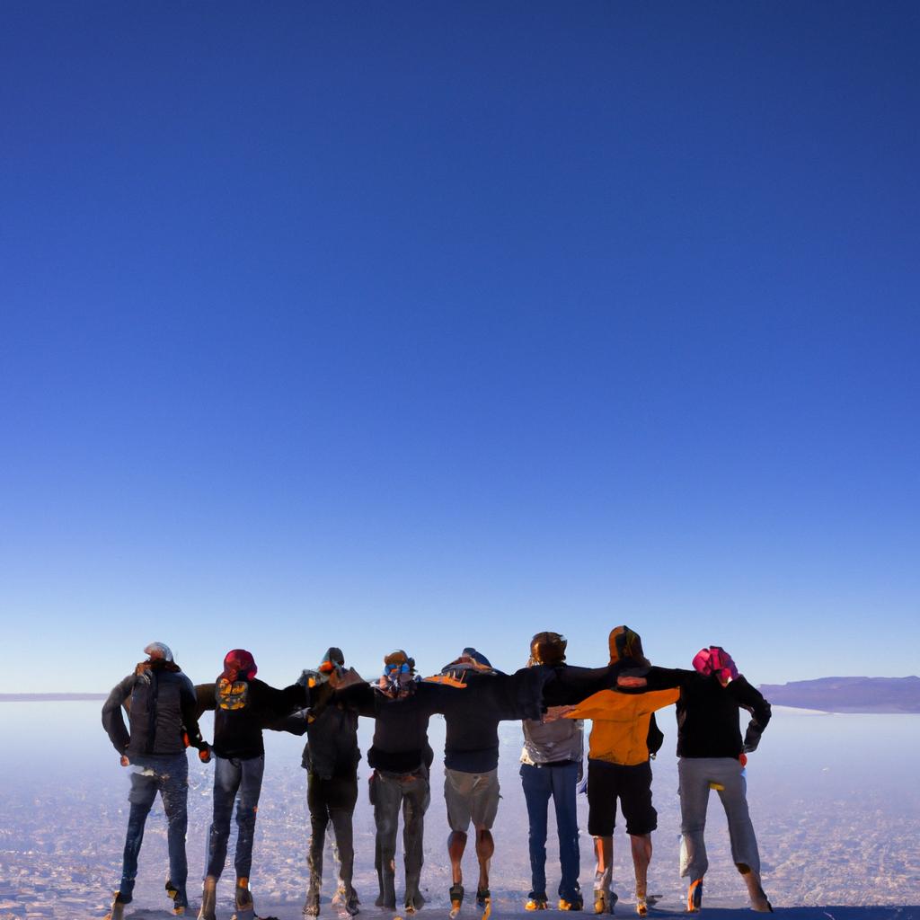 Tourists take in the breathtaking view of the Salar de Uyuni.