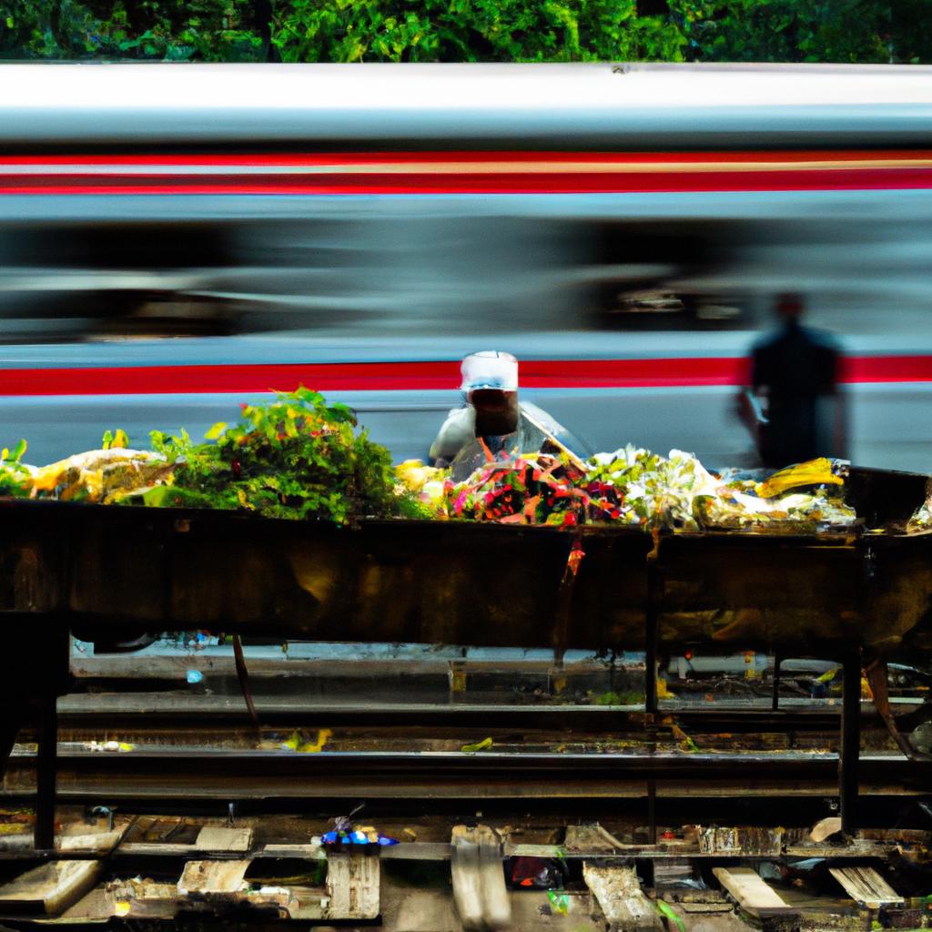 A vendor continues to sell fresh produce despite the train passing by in the background.