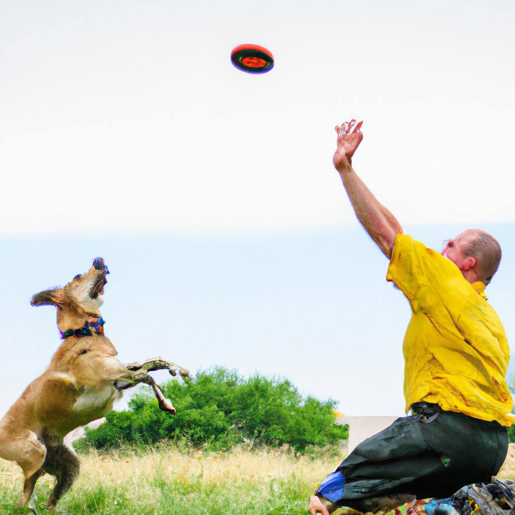 The veteran and his service dog enjoying a game of catch in the great outdoors.