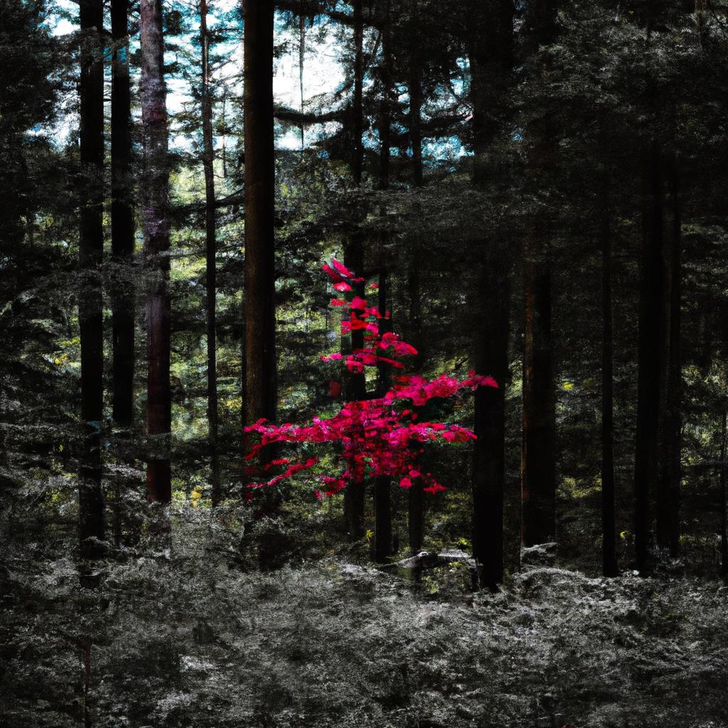 This tree's bright red leaves make it easily recognizable among the other trees in the forest