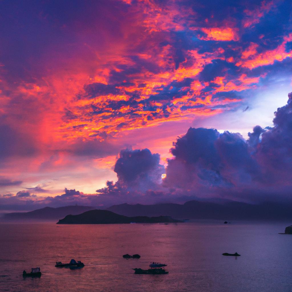 A breathtaking sunset over the tranquil waters of Vietnam Bay