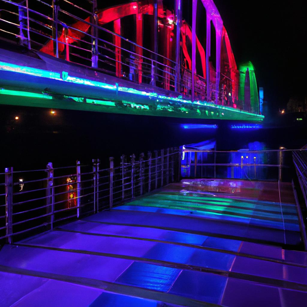 The bridge is beautifully lit up at night with colorful lights, making it a stunning sight to see.