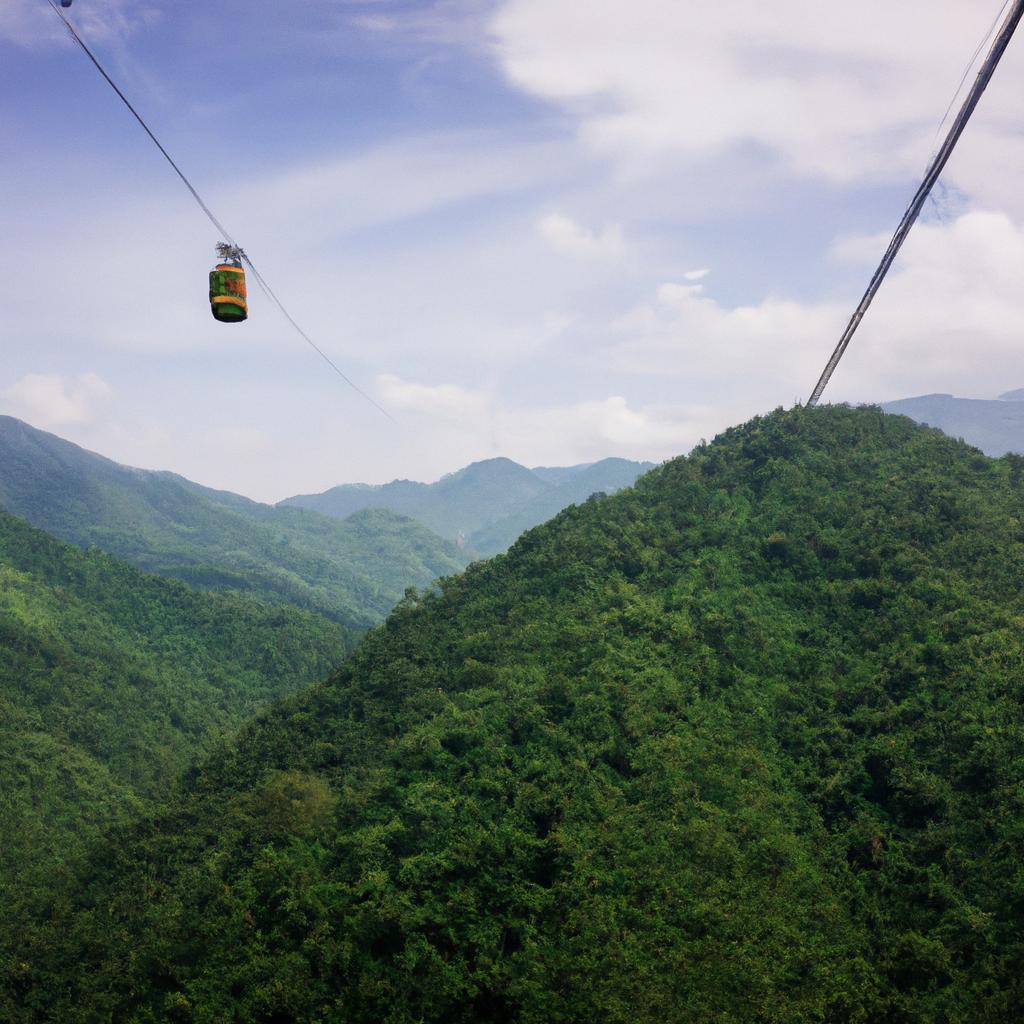 Take in the stunning panoramic views of Vietnam's lush green mountains from the unique perspective of the cable car.