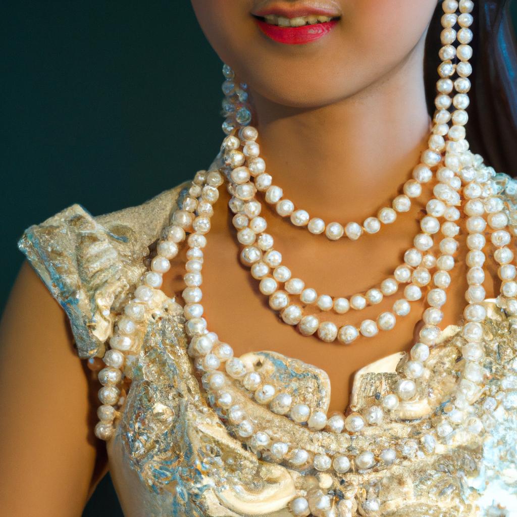 A Vietnamese bride wearing a pearl necklace, earrings, and bracelet on her wedding day