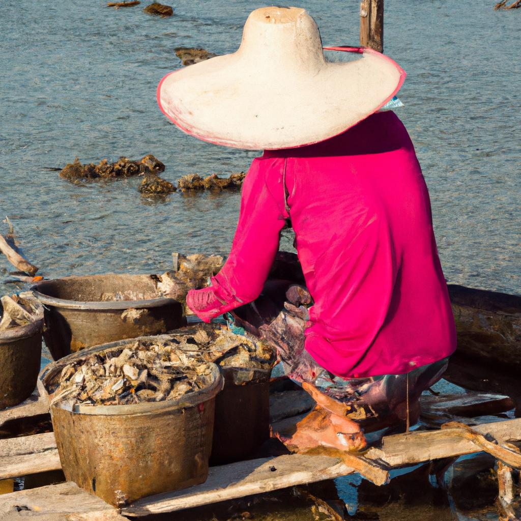 A pearl farmer checking the quality of his oysters before harvesting