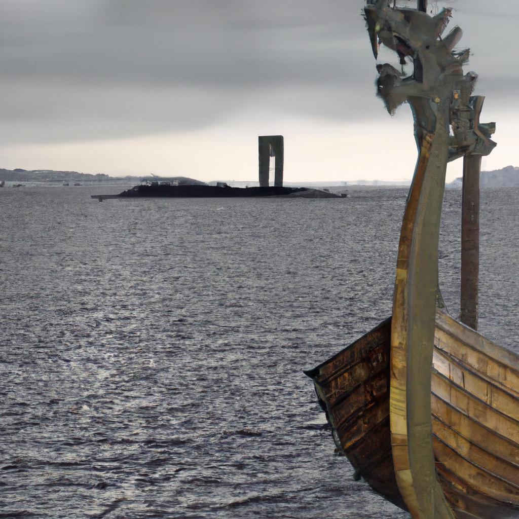 A Viking ship sailing by Sverd i Fjell monument