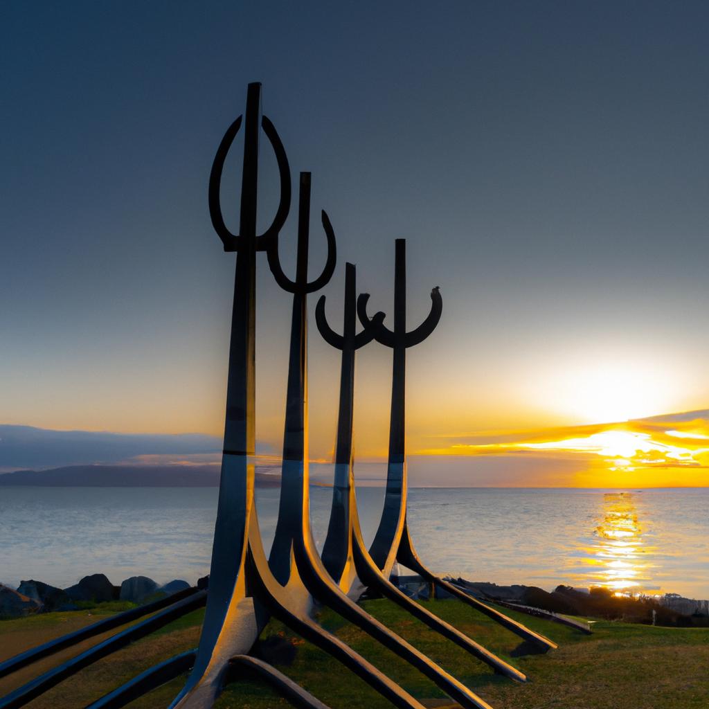 The viking swords monument standing tall against the sunset.