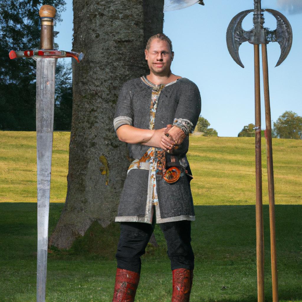 A viking reenactor posing with the impressive viking swords monument.