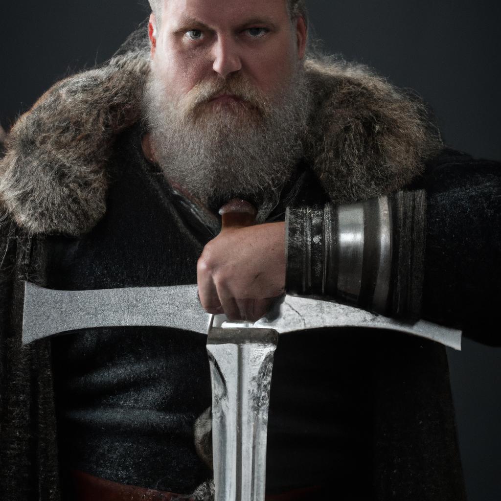 A Viking warrior proudly holds his Norway sword, ready for battle.