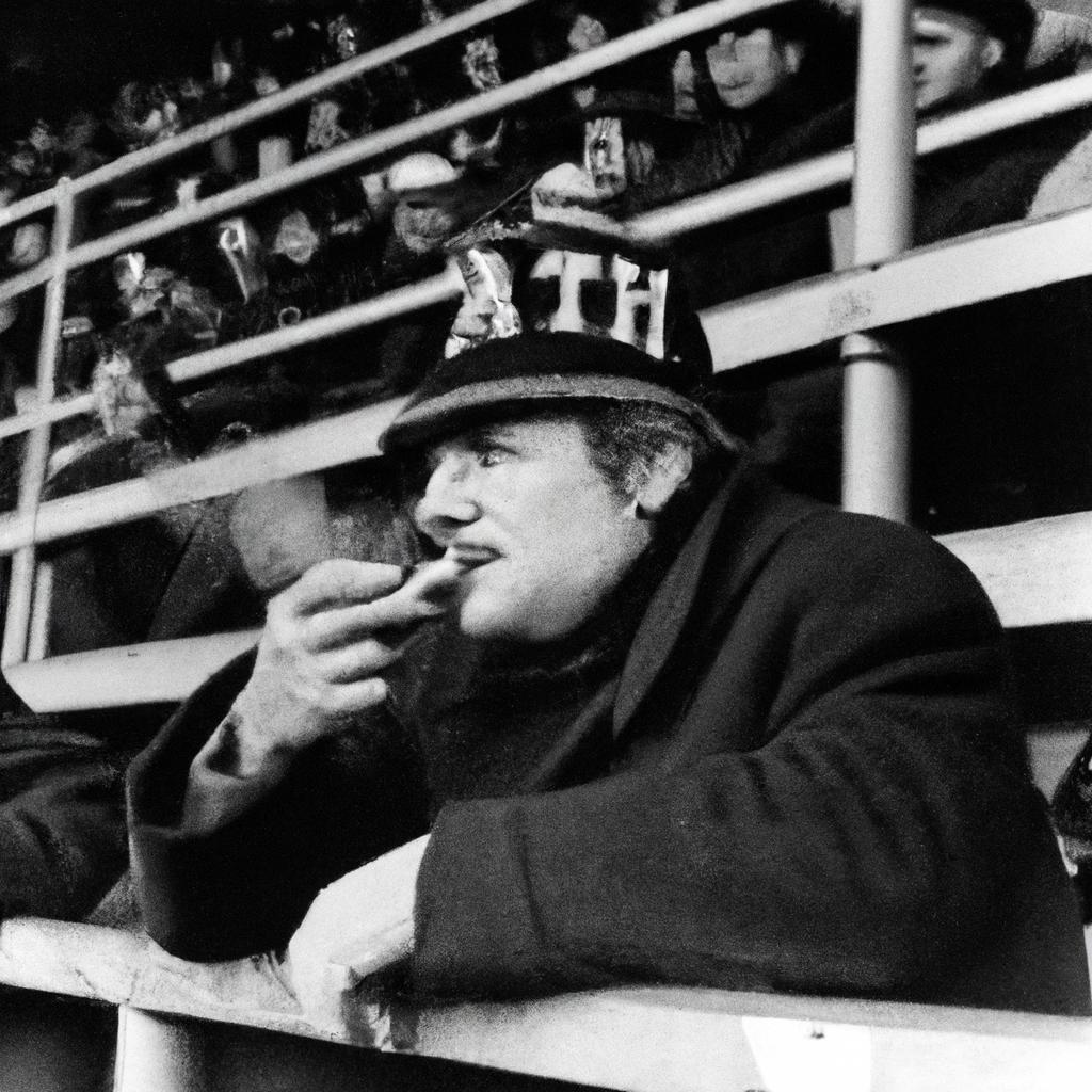 A classic sports fan enjoying a game with a cigar and team hat