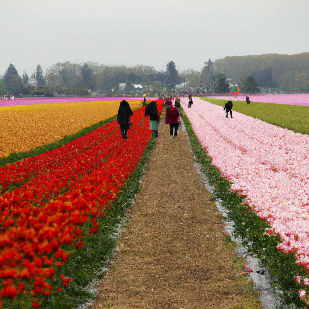 Walking through a tulip flower field is a peaceful and rejuvenating experience