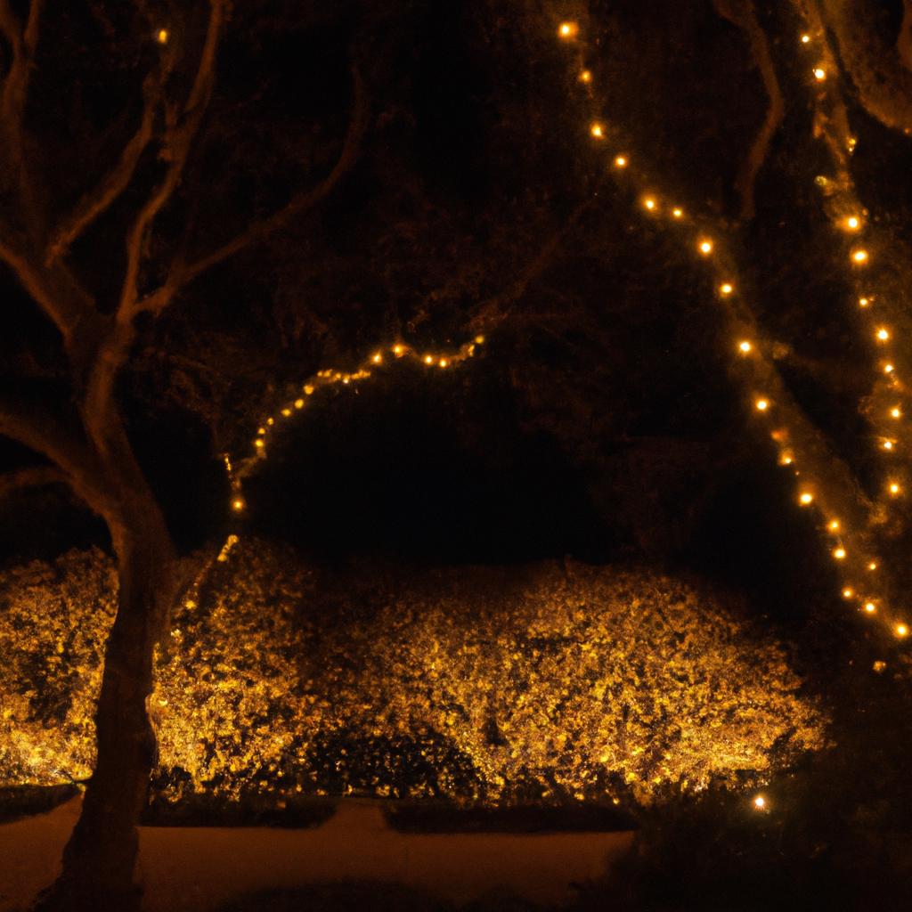 String lights create a cozy and romantic atmosphere in this garden