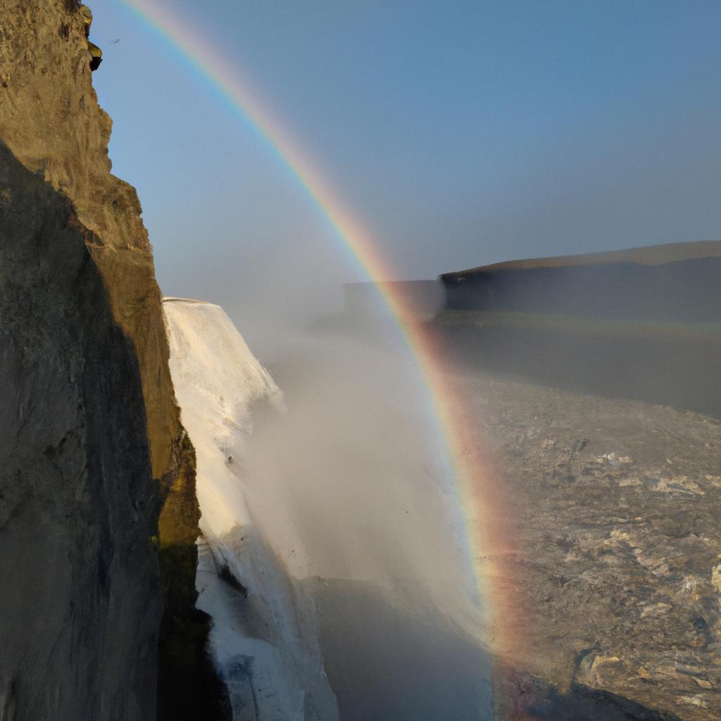 Capture the magical moment of a rainbow waterfall in the sea