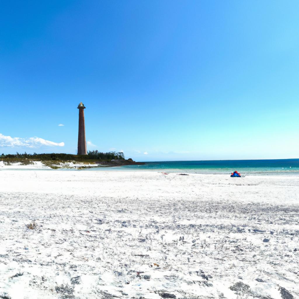 Stroll along the white sand beach and take in the beautiful sight of the lighthouse against the blue skies