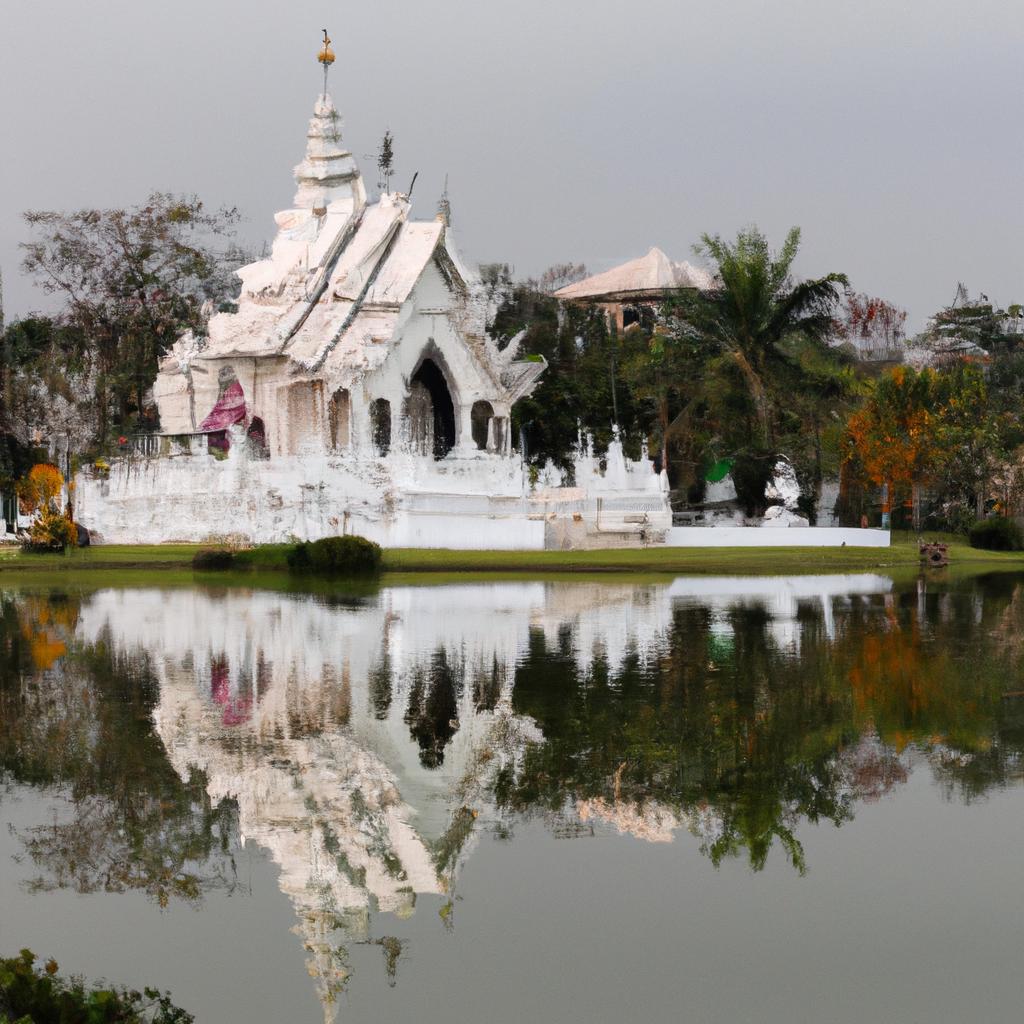 The reflection of the white temple in the serene waters of the lake is a stunning sight.