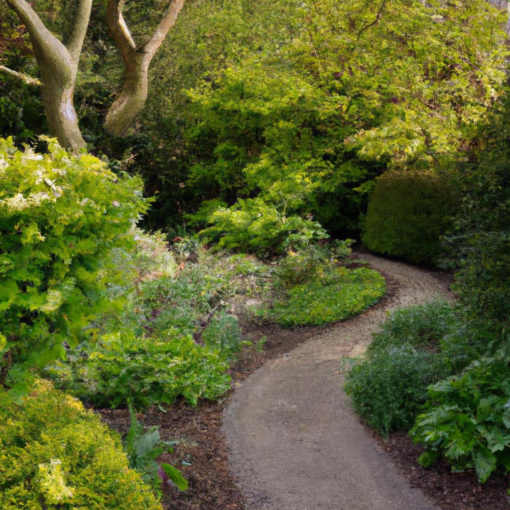 The winding path creates a sense of intrigue and invites viewers to explore the garden.