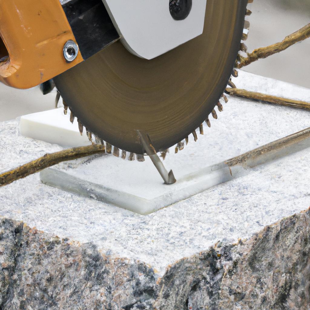 A wire saw cutting through a slab of granite, a hard and durable rock commonly used in construction.