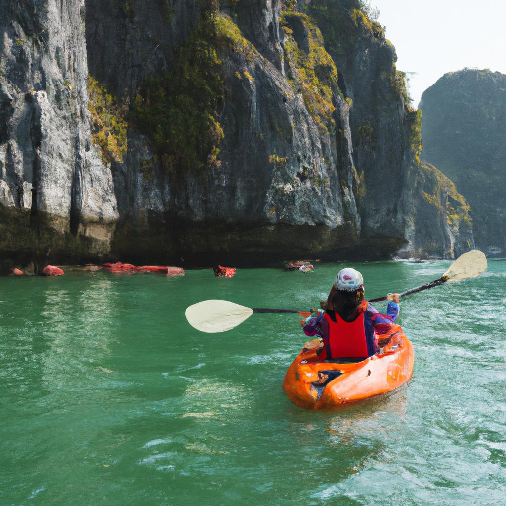 A woman kayaking in the emerald green waters of Ha Long Bay