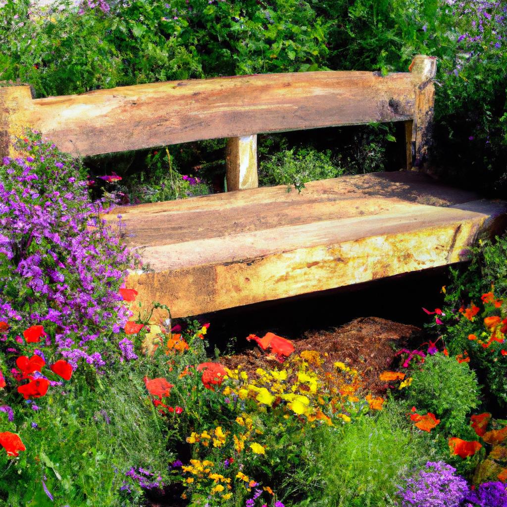 A wooden bench surrounded by colorful flowers makes for a cozy and inviting spot in any garden.