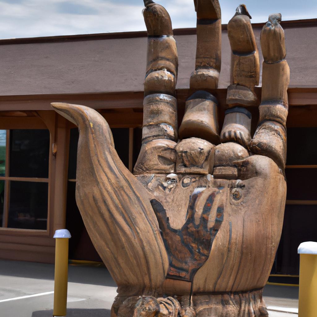 A wooden hand statue shares stories of local folklore and tradition