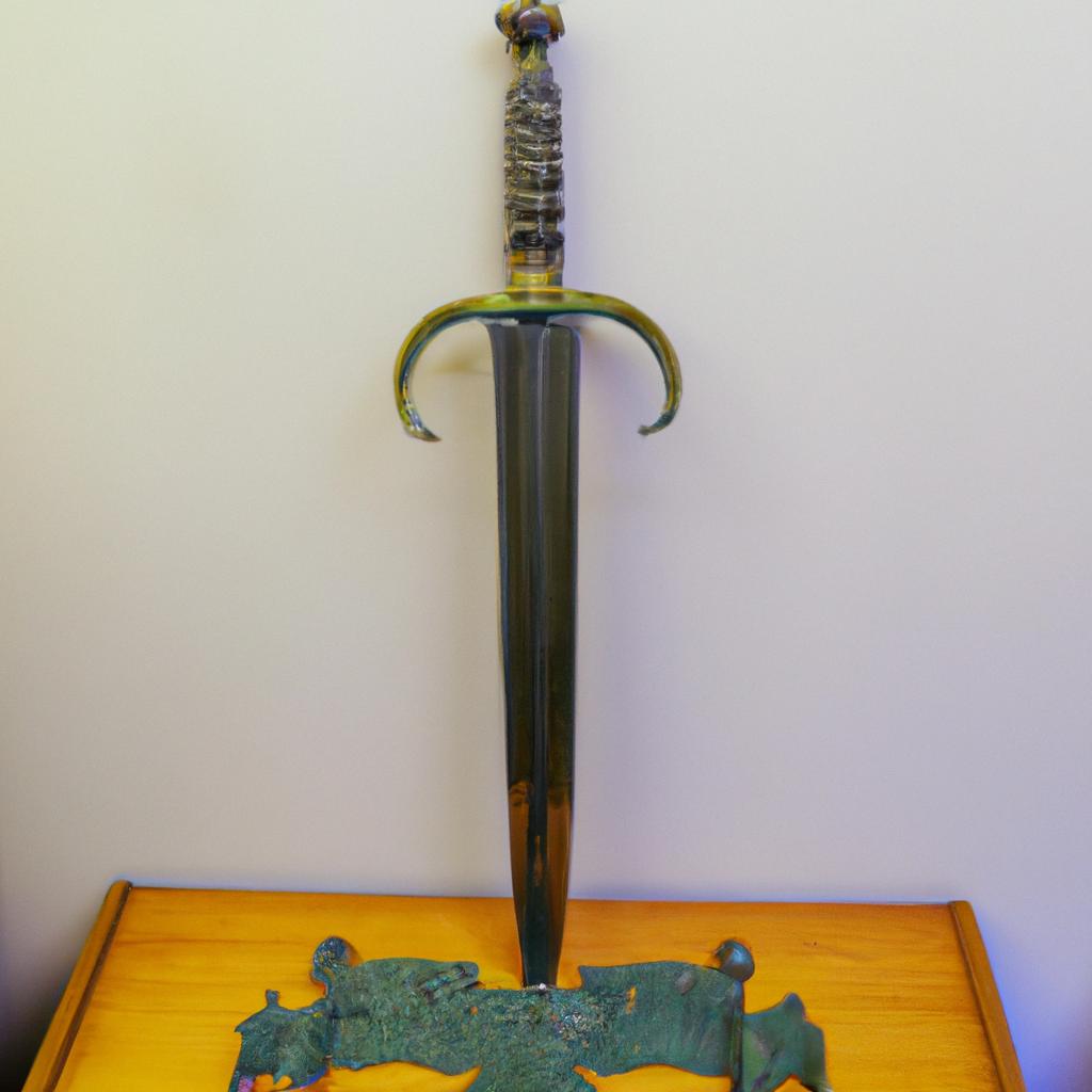 This sword sculpture is beautifully displayed on a wooden stand, making it a stunning centerpiece in any room.