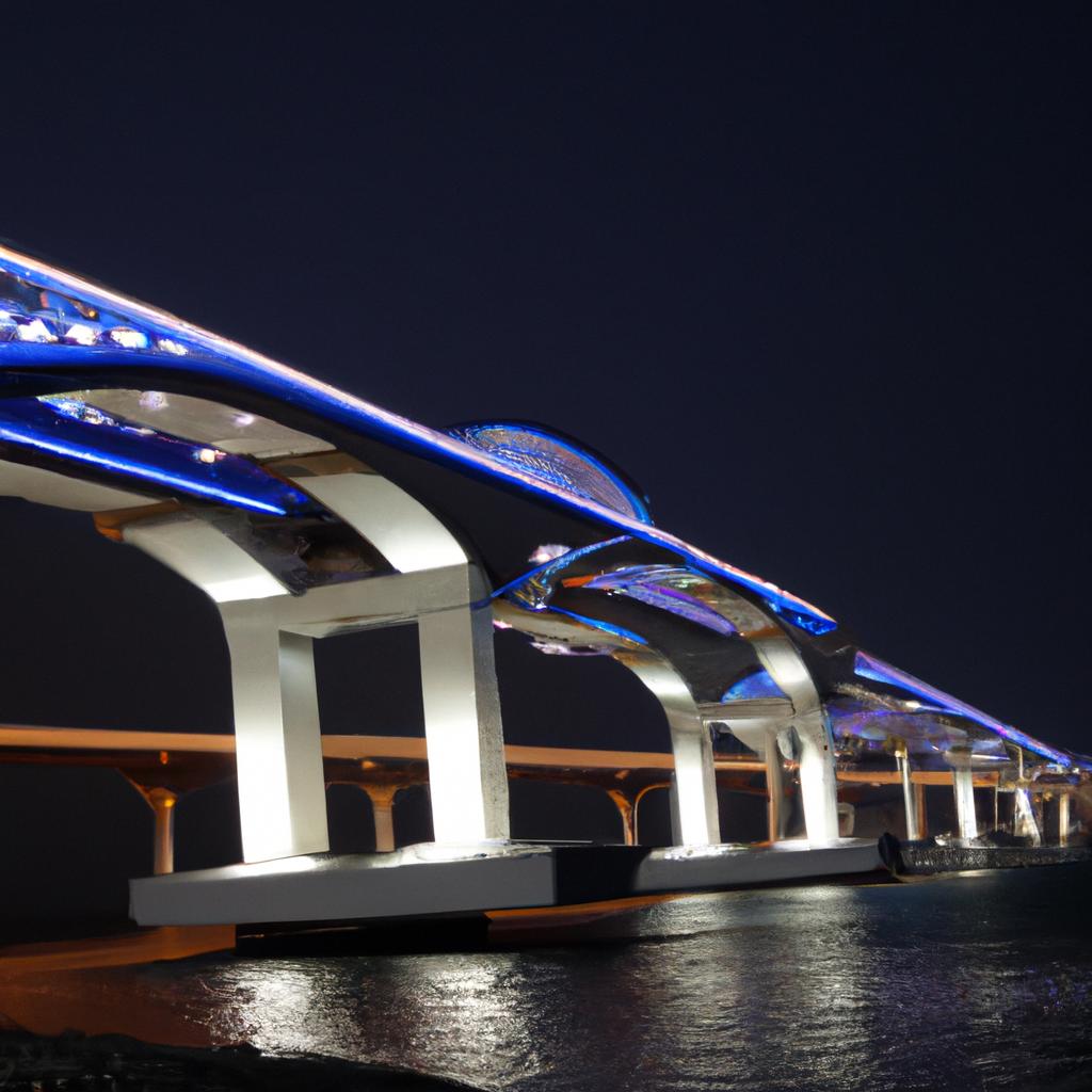The world's longest pedestrian bridge looks stunning when lit up at night, creating a magical atmosphere.