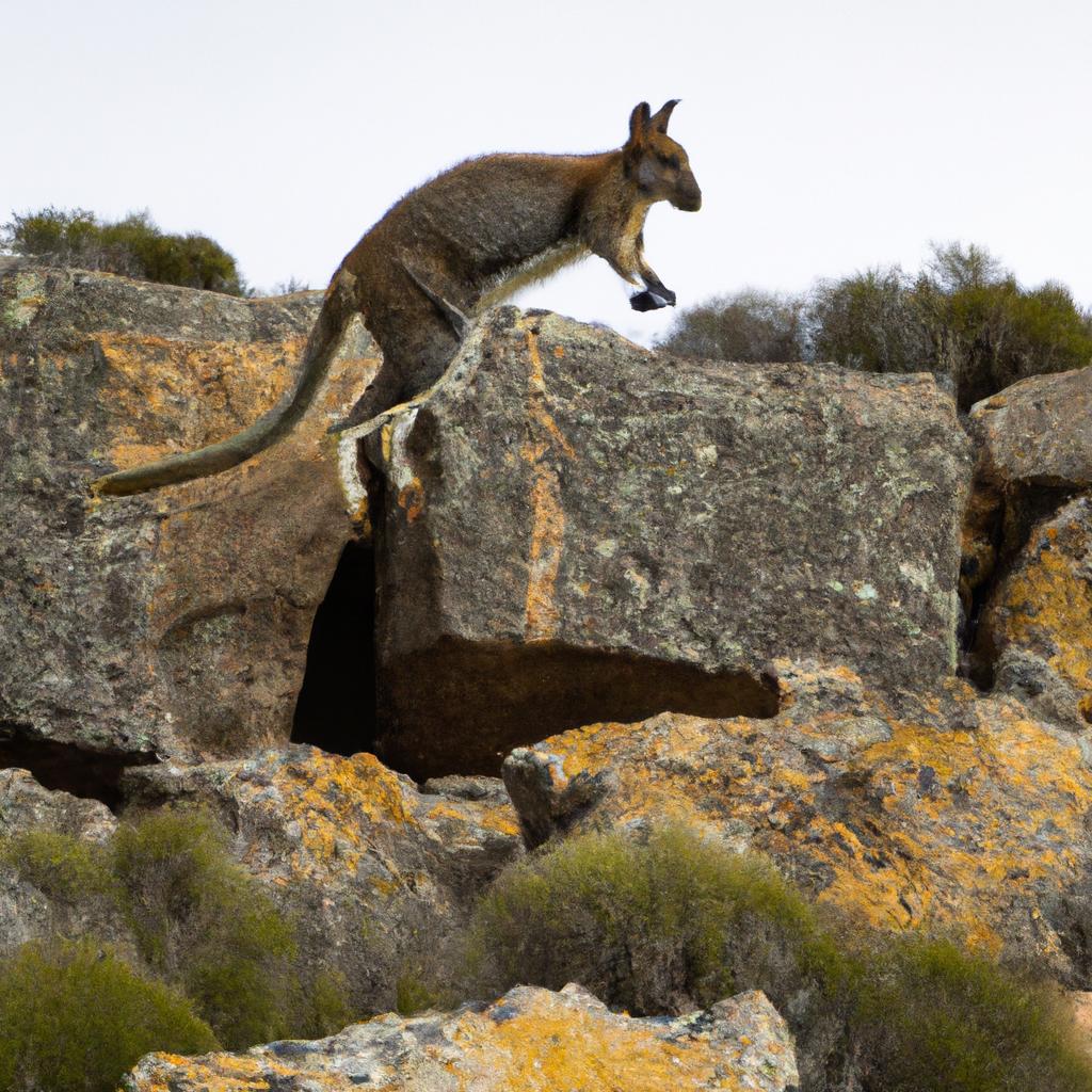 A yellow-footed rock-wallaby leaping through the rocky terrain in South Australia.