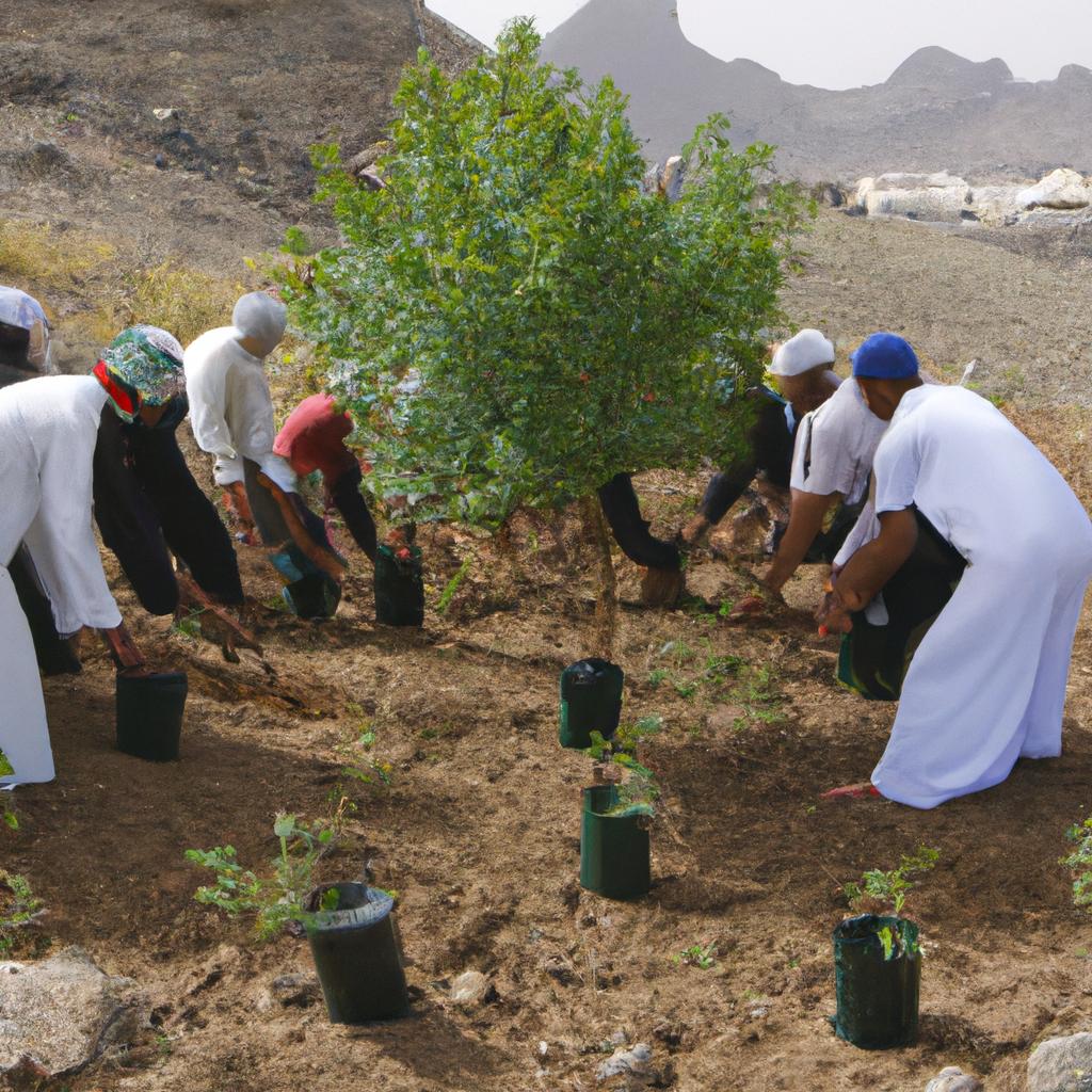 Yemeni villagers planting new trees.