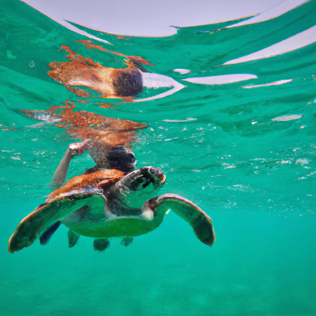 A playful young green turtle swimming alongside a snorkeler, showing off the beauty of Seychelles' marine life.
