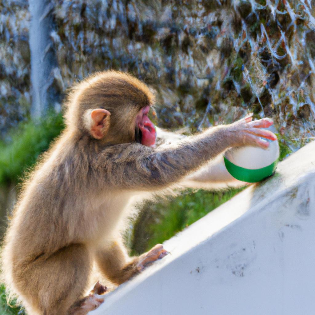 A young Japanese macaque having fun with a toy at a monkey park in Japan