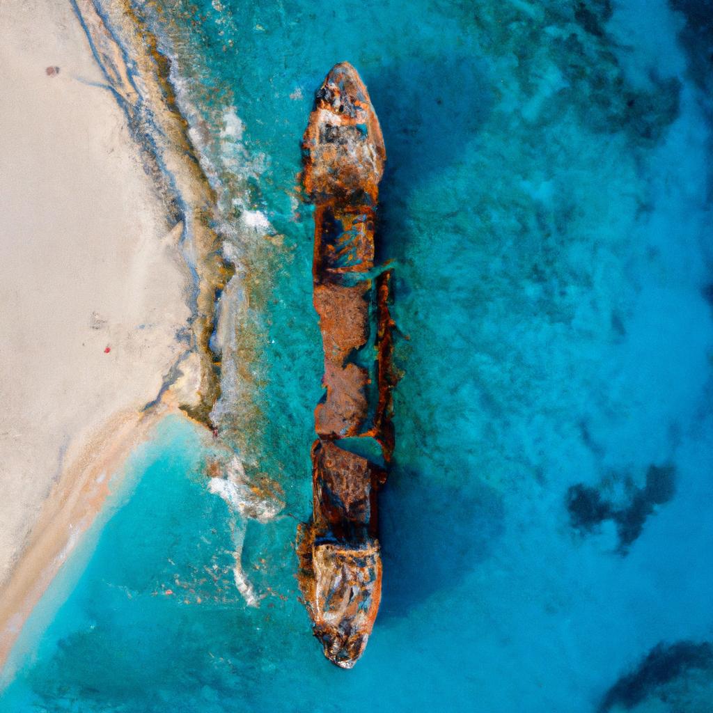 This aerial view of Zakynthos Beach Shipwreck shows the stunning landscape and crystal-clear waters of the beach.