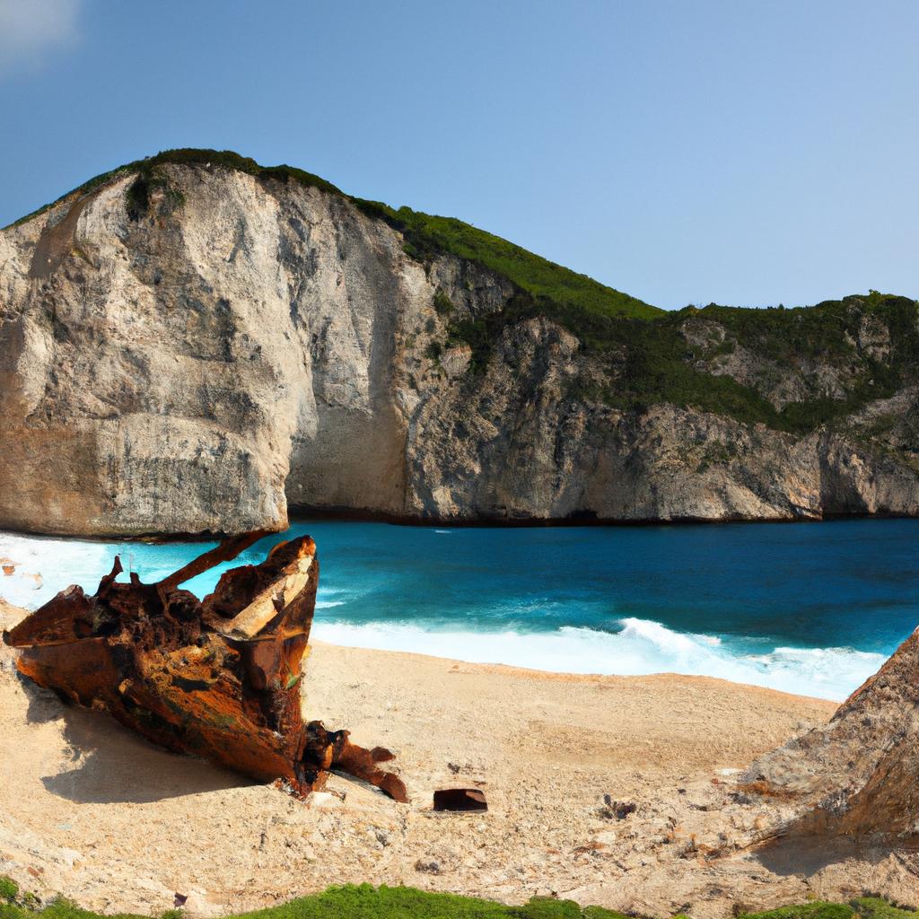 The rugged coastline of Zakynthos Beach Shipwreck creates a dramatic and picturesque setting for the shipwreck.