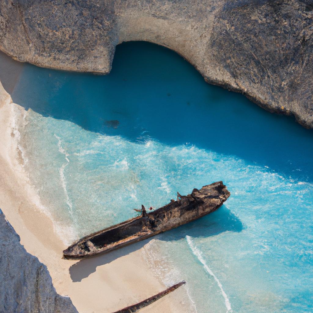 The clear waters surrounding the shipwreck at Zakynthos Beach are perfect for swimming and snorkeling.