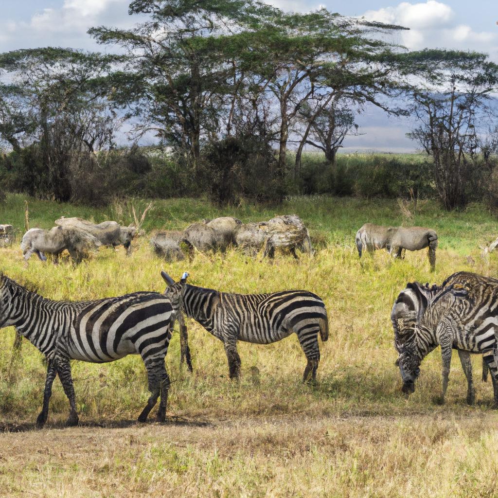 A herd of zebras leisurely grazing in the Serengeti National Park.